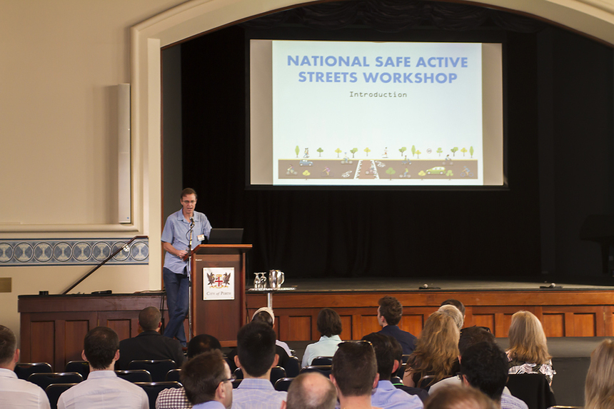 Day 1: Craig Wooldridge, A/ Executive Director Integrated Transport Planning, Department of Transport WA, provides background to the Perth Safe Active Streets Program.