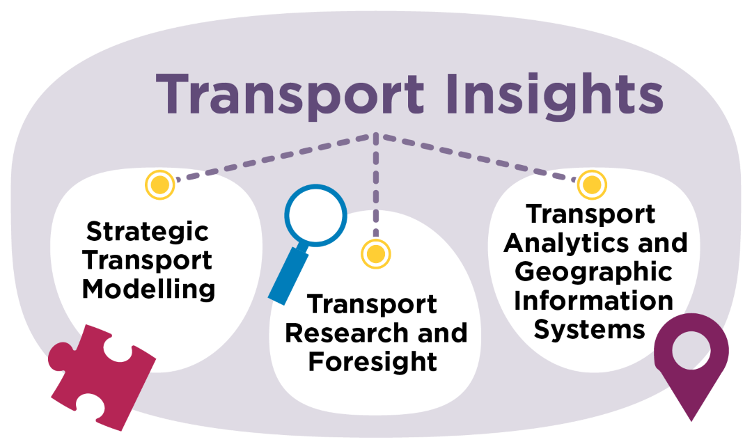 The Transport Insights branch includes Strategic transport modelling, Transport research and foresight, and Transport analytics and geographic information systems projects.