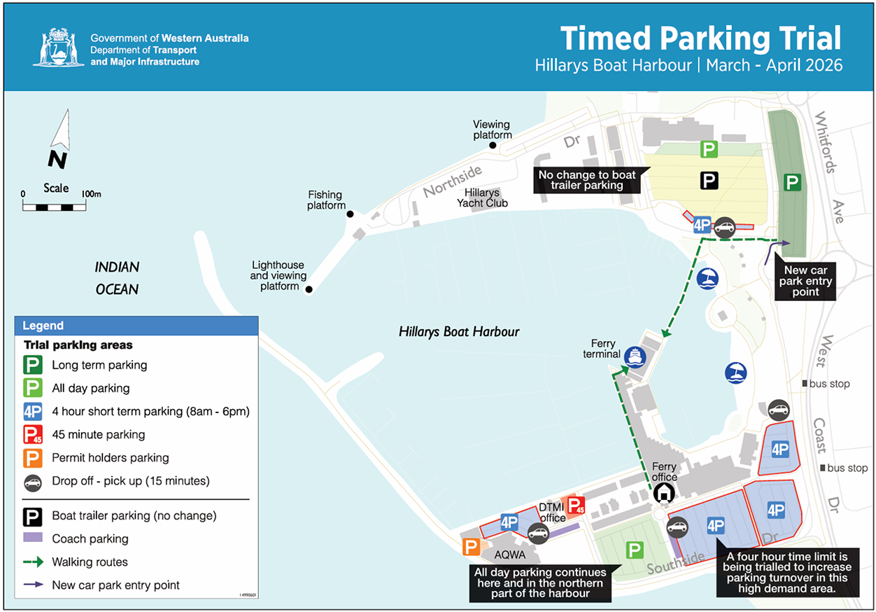 Map of the Timed Parking Trial at Hillarys Boat Harbour happing March to April 2026