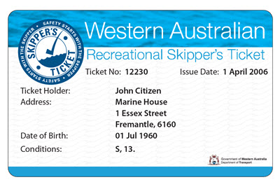 Example of a Recreational Skipper’s Ticket (RST). The ticket includes the holder’s name, photo, date of birth, and unique RST number.