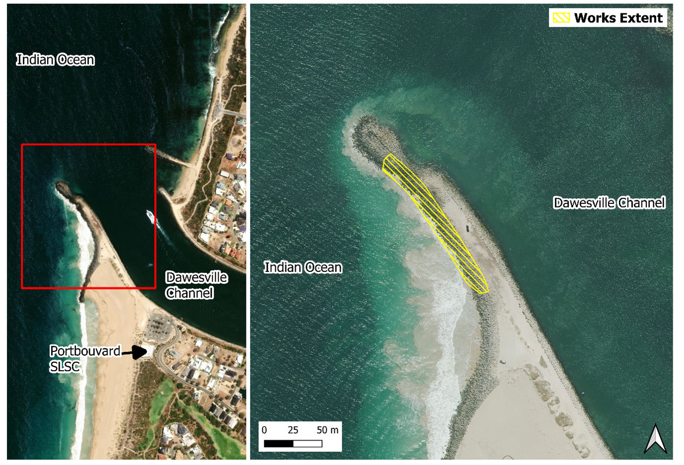 An aerial image of the Dawesville channel highlighting the location of the breakwater maintenance works.
