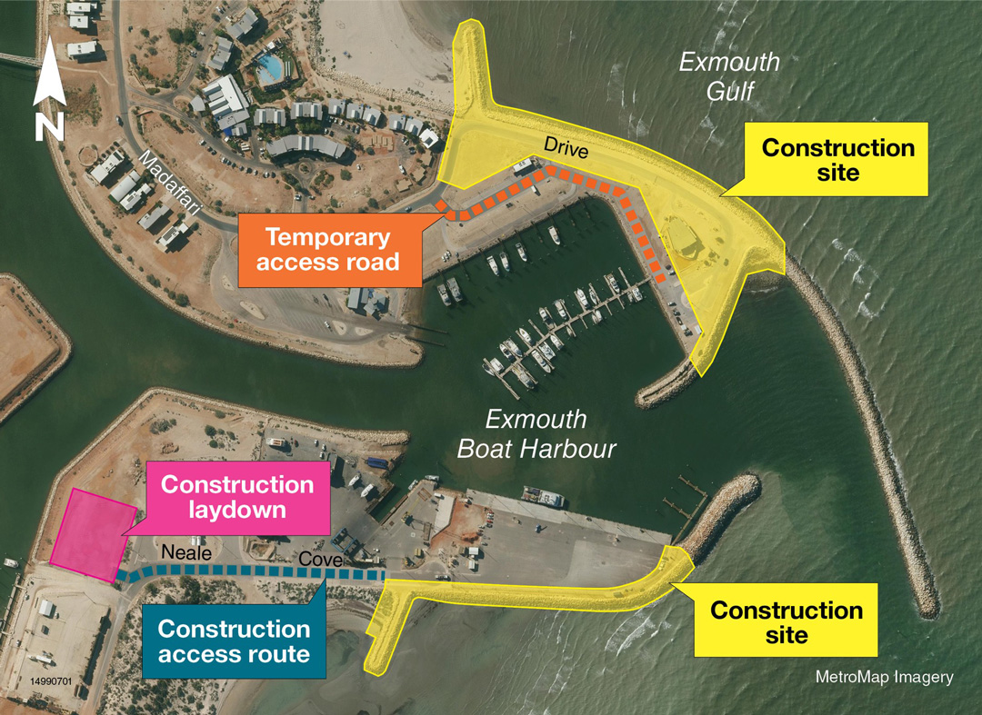 Exmouth harbour repairs. Construction site marked in yellow. Temporary access road shown by dashed orange line. Construction laydown marked in pink. Construction access route shown by dashed aquamarine line.