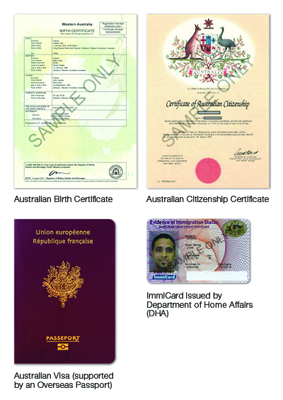 Australian birth certificate, Australian citizenship document and Australian Visa document