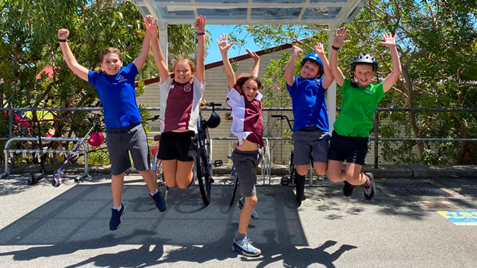 Winterfold Primary School students celebrate their bike racks.