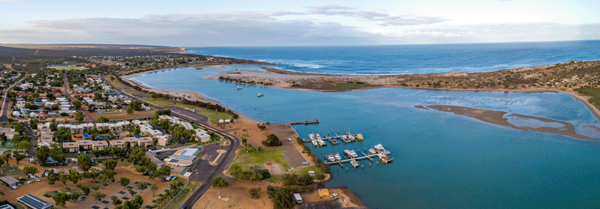 Aerial view of Kalbarri Maritime Facility and surrounding infrastructure.