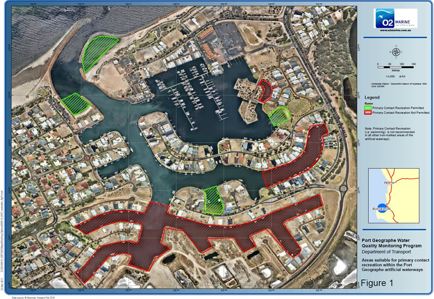 Areas in the artificial waterways where primary contact is permitted, not permitted and not recommended.