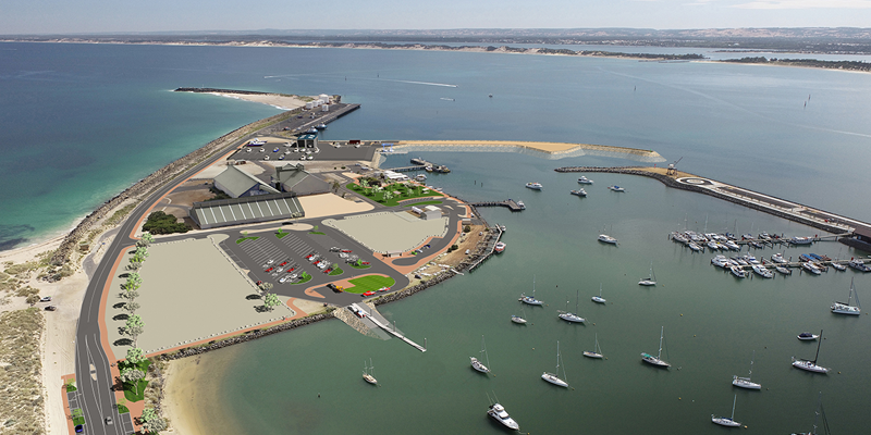 Aerial representation of the proposed works for Stage 3.1 of the Transforming Bunbury's Waterfront project.